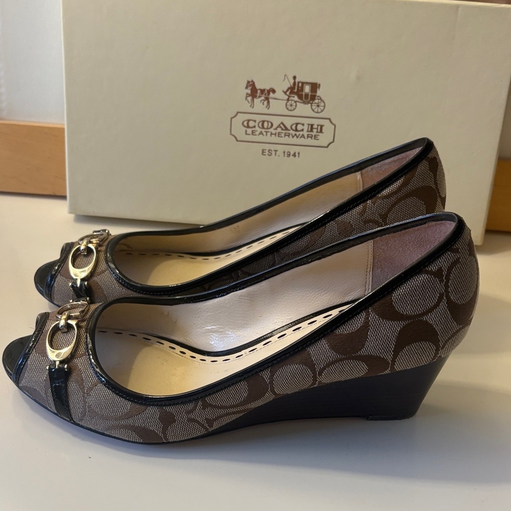 Coach Signature Brown Wedge Peep Toe Shoes